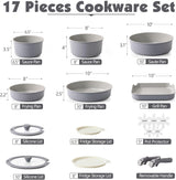 SENSARTE 17-Piece Nonstick Ceramic Cookware Set with Removable Handles, Induction Compatible Pots and Pans, Dishwasher and Oven Safe, Gray