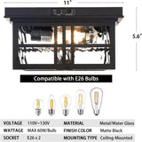 Industrial Black 2-Light Flush Mount Ceiling Lamp with Motion Sensor and Water Ripple Glass, for Porch, Entryway, or Garage, Adjustable Timer and Sensitivity