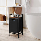 Black Laundry Hamper Basket with Removable Bag and Built-In Brown Wood Shelf