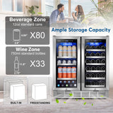 Tittla 30-Inch Dual-Zone Wine and Beverage Refrigerator for 33 Bottles and 80 Cans, Under-Counter or Freestanding Wine Cooler
