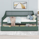 Green Full-Size Wooden Daybed with Rails on 3 Sides, Two Storage Drawers and Support Legs