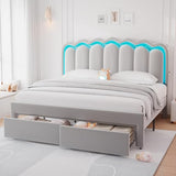 Twin Velvet Platform Bed with Adjustable Wavy Headboard, LED Lighting and Storage Drawer, Beige Upholstered Kids Bed with Solid Wood Slats, No Box Spring Required