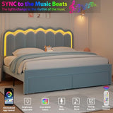 Twin Velvet Platform Bed with Adjustable Wavy Headboard, LED Lighting and Storage Drawer, Beige Upholstered Kids Bed with Solid Wood Slats, No Box Spring Required