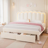 Twin Velvet Platform Bed with Adjustable Wavy Headboard, LED Lighting and Storage Drawer, Beige Upholstered Kids Bed with Solid Wood Slats, No Box Spring Required