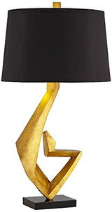 Possini Euro Design Zeus Sculptural Table Lamp, 28.5-Inch Mid-Century Modern Design with Gold Leaf Metal and Black Fabric Tapered Drum Shade
