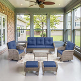 3-Piece Outdoor Patio Furniture Set with Two Swivel Rocker Chairs and Rattan Side Table, Wicker Glider Seating for Deck, Porch or Poolside, Brown and Blue