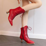 Womens Red Short Boots with Lace-Up Design, Solid Round-Toe Construction, Size 38