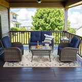 3-Piece Outdoor Patio Furniture Set with Two Swivel Rocker Chairs and Rattan Side Table, Wicker Glider Seating for Deck, Porch or Poolside, Brown and Blue