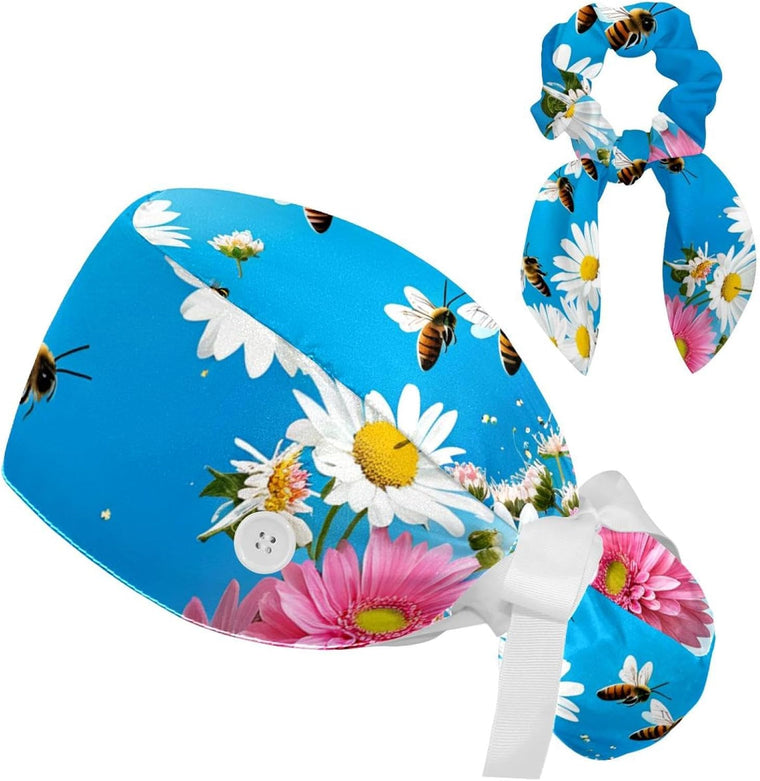 Peach Blossom Spring Butterfly Cycling and Surgical Scrub Hat with Button-Compatible Design and Cotton Sweatband