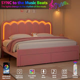 Twin Velvet Platform Bed with Adjustable Wavy Headboard, LED Lighting and Storage Drawer, Beige Upholstered Kids Bed with Solid Wood Slats, No Box Spring Required