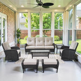 3-Piece Outdoor Patio Furniture Set with Two Swivel Rocker Chairs and Rattan Side Table, Wicker Glider Seating for Deck, Porch or Poolside, Brown and Blue