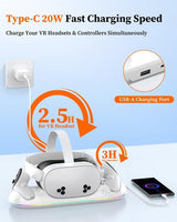 20W Magnetic Charging Station for Meta Quest 3S/3/2, RGB Stand with Rechargeable 2X2100mAh Batteries for VR Headset and Controllers