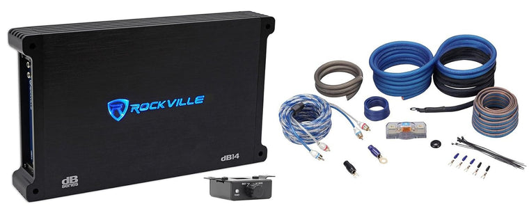 Rockville dB14 Mono Car Audio Amplifier Bundle with 4000W Peak/1000W RMS Output at 2 Ohms and RWK4CU 4 AWG 100% Copper OFC Installation Wire Kit