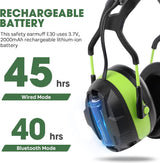 Bluetooth Safety Ear Muffs with 29dB NRR Noise Reduction, FM Radio and MP3 Audio, Rechargeable Wireless Headphones, Green