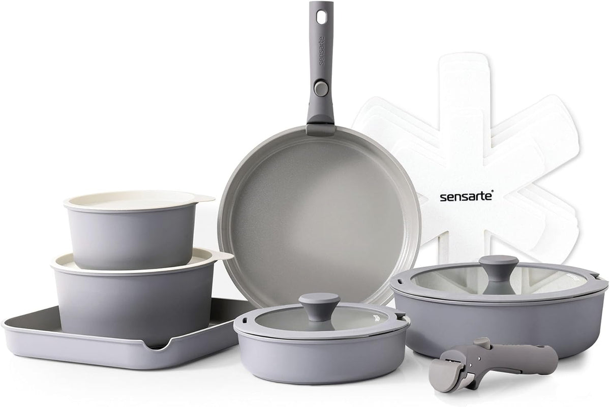 SENSARTE 17-Piece Nonstick Ceramic Cookware Set with Removable Handles, Induction Compatible Pots and Pans, Dishwasher and Oven Safe, Gray