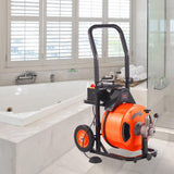 100FT x 1/2Inch Drain Cleaner Machine with Auto Feed Sewer Snake Auger, 4 Cutter, Air-Activated Foot Switch, for 1 to 4 Pipes, Orange and Black