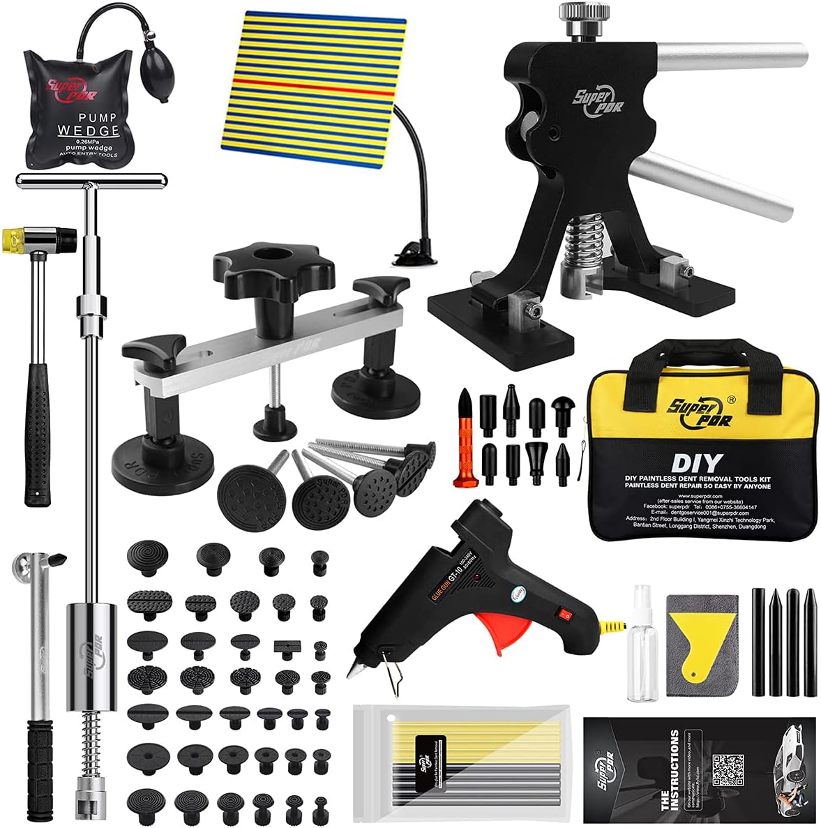 Super PDR Paintless Dent Repair Kit with Double Pole Bridge Dent Puller for Auto Body Removal, Black