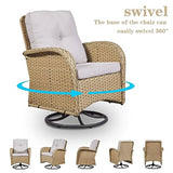 3-Piece Outdoor Patio Furniture Set with Two Swivel Rocker Chairs and Rattan Side Table, Wicker Glider Seating for Deck, Porch or Poolside, Brown and Blue