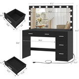 Makeup Vanity Desk with Mirror, 10 Lights, 5 Drawers and 3 Storage Shelves, Dressing Table with 3 Color Modes and Adjustable Brightness, 35.4-Inch, Black