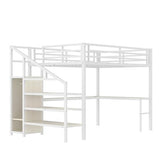 SOFTSEA Queen Size Metal Loft Bed with L-Shaped Desk, Wardrobe, USB Ports, Adjustable Shelf and LED Lighting, No Box Spring Needed, White Wood Grain