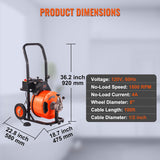 100FT x 1/2Inch Drain Cleaner Machine with Auto Feed Sewer Snake Auger, 4 Cutter, Air-Activated Foot Switch, for 1 to 4 Pipes, Orange and Black