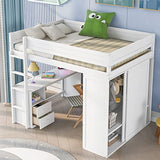 Full-Size Solid Wood Loft Bed with Built-In Ladder, Safety Guardrails, Wardrobes, 2-Drawer Desk and Storage Cabinet, White