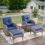 3-Piece Outdoor Patio Furniture Set with Two Swivel Rocker Chairs and Rattan Side Table, Wicker Glider Seating for Deck, Porch or Poolside, Brown and Blue