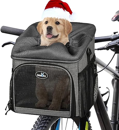Foldable Removable Dog Bike Basket Carrier with Reflective Strips and 2 Side Storage Pockets for Cats and Small Dogs