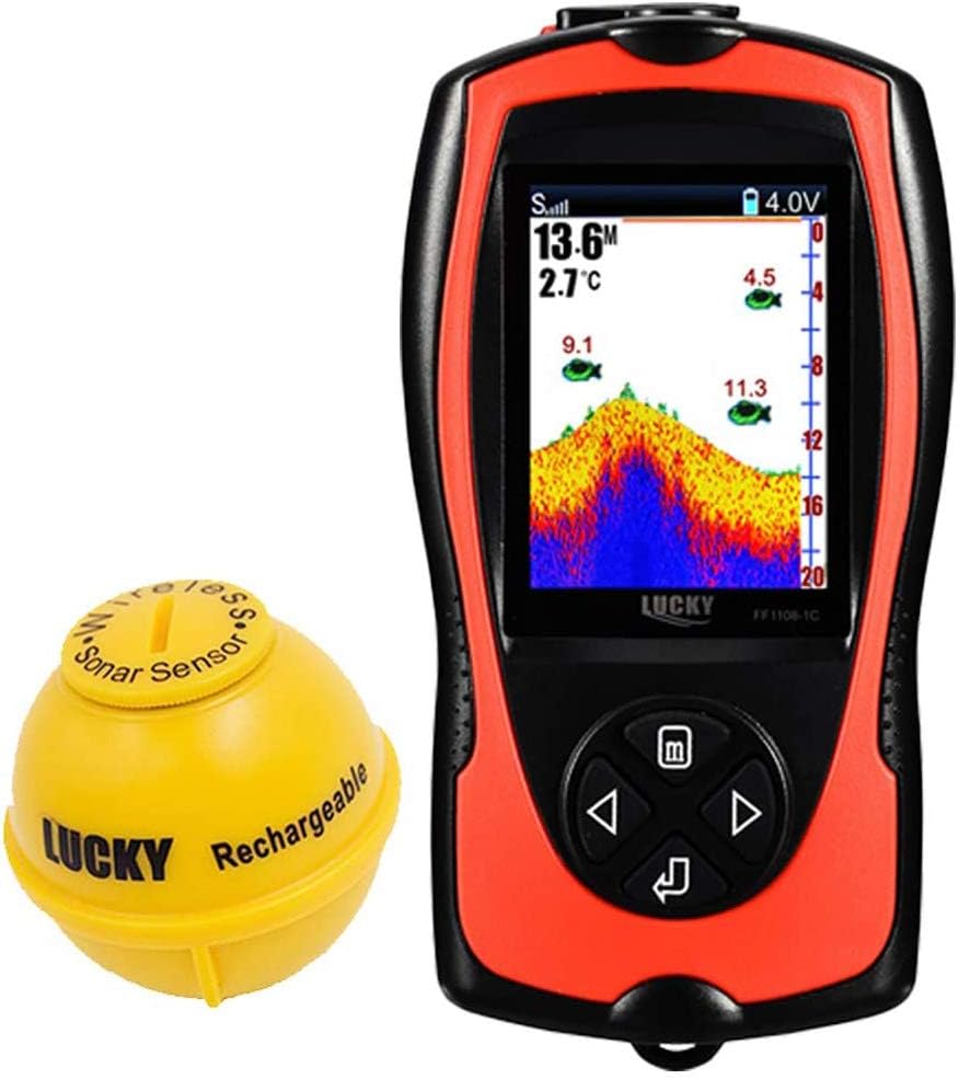 LUCKY Portable Fish Finder with Transducer Sonar Sensor, 147-Foot Water Depth Detection, LCD Echo Sounder and Fish-Attractive Lamp for Ice and Sea Fishing