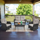 3-Piece Outdoor Patio Furniture Set with Two Swivel Rocker Chairs and Rattan Side Table, Wicker Glider Seating for Deck, Porch or Poolside, Brown and Blue