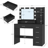 Makeup Vanity Desk with Mirror, 10 Lights, 5 Drawers and 3 Storage Shelves, Dressing Table with 3 Color Modes and Adjustable Brightness, 35.4-Inch, Black