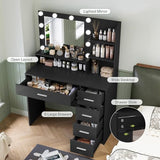 Makeup Vanity Desk with Mirror, 10 Lights, 5 Drawers and 3 Storage Shelves, Dressing Table with 3 Color Modes and Adjustable Brightness, 35.4-Inch, Black
