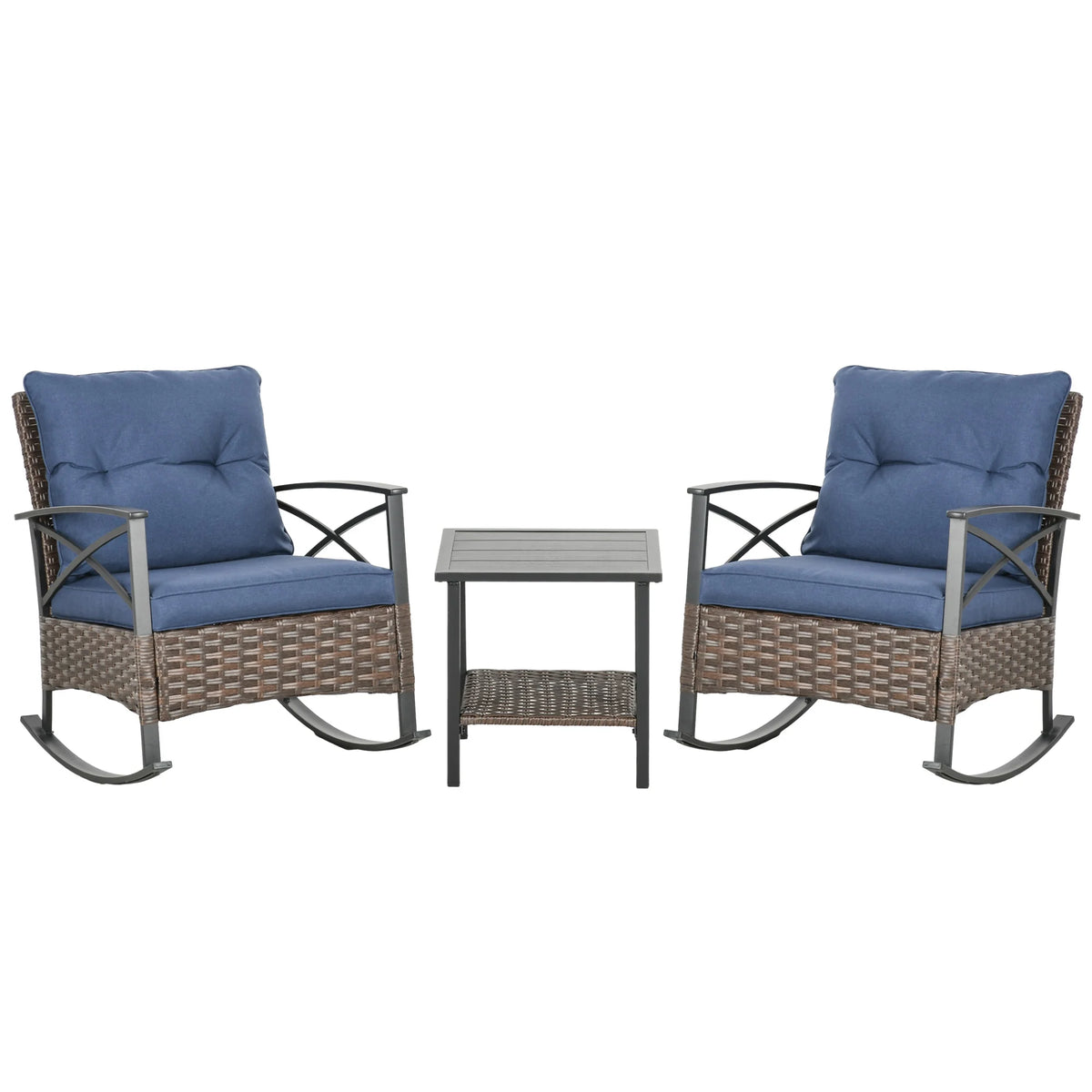 Outsunny 3-Piece Wicker Bistro Set with Rocking Chairs and Cushions, Dark Blue