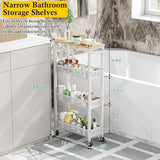 4-Tier Slim Rolling Storage Cart with Wood Top and Metal Frame, Narrow Mobile Organizer with Handle for Kitchen, Laundry Room, Bathroom or Other Tight Spaces