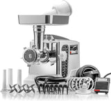 STX Turboforce II Platinum Heavy-Duty Electric Meat Grinder and Sausage Stuffer with Foot Pedal, 6 Grinding Plates, 3 S/S Blades, 3 Sausage Tubes, Kubbe, 2 Meat Claws and Burger-Slider Patty Maker, White