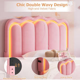 Twin Velvet Platform Bed with Adjustable Wavy Headboard, LED Lighting and Storage Drawer, Beige Upholstered Kids Bed with Solid Wood Slats, No Box Spring Required