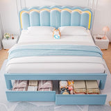 Twin Velvet Platform Bed with Adjustable Wavy Headboard, LED Lighting and Storage Drawer, Beige Upholstered Kids Bed with Solid Wood Slats, No Box Spring Required