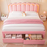 Twin Velvet Platform Bed with Adjustable Wavy Headboard, LED Lighting and Storage Drawer, Beige Upholstered Kids Bed with Solid Wood Slats, No Box Spring Required