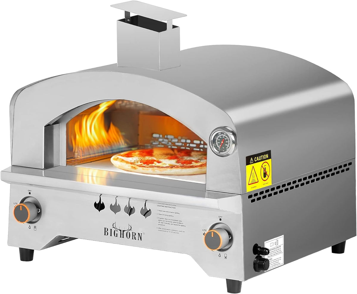 Portable BIG HORN OUTDOORS Gas Pizza Oven with 13 inch Pizza Stone, Stainless Steel Propane Pizza Maker for Outdoor Cooking