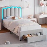 Twin Velvet Platform Bed with Adjustable Wavy Headboard, LED Lighting and Storage Drawer, Beige Upholstered Kids Bed with Solid Wood Slats, No Box Spring Required