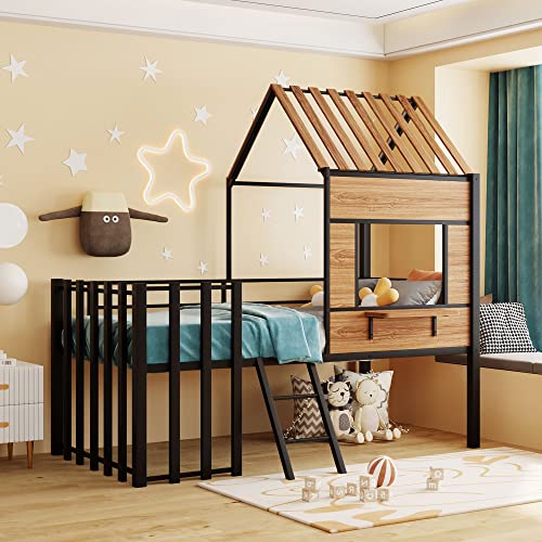 Harper & Bright Designs Twin Low Loft House Bed with Roof, Window, Guardrail and Ladder, Metal Kids Frame for Girls and Boys, White