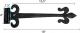 Black Wrought Iron Fleur De Lis Door Strap Hinge Set with Hardware, 18-Inch Antique Style, Rust Resistant Flush Mount, Pack of 2