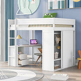 Full-Size Solid Wood Loft Bed with Built-In Ladder, Safety Guardrails, Wardrobes, 2-Drawer Desk and Storage Cabinet, White