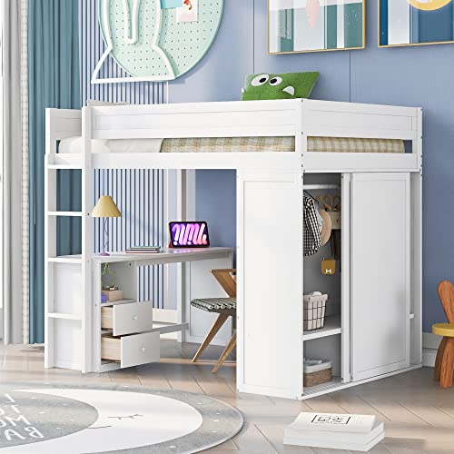 Full-Size Solid Wood Loft Bed with Built-In Ladder, Safety Guardrails, Wardrobes, 2-Drawer Desk and Storage Cabinet, White