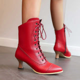 Womens Red Short Boots with Lace-Up Design, Solid Round-Toe Construction, Size 38