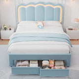 Twin Velvet Platform Bed with Adjustable Wavy Headboard, LED Lighting and Storage Drawer, Beige Upholstered Kids Bed with Solid Wood Slats, No Box Spring Required