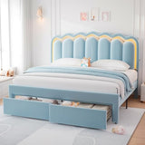 Twin Velvet Platform Bed with Adjustable Wavy Headboard, LED Lighting and Storage Drawer, Beige Upholstered Kids Bed with Solid Wood Slats, No Box Spring Required
