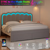 Twin Velvet Platform Bed with Adjustable Wavy Headboard, LED Lighting and Storage Drawer, Beige Upholstered Kids Bed with Solid Wood Slats, No Box Spring Required