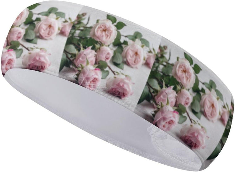 Stretchy Moisture-Wicking Sports Headband with Flowers on White Design for Women and Men, Running, Yoga and Gym Workouts