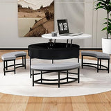 Linique Modern Round Lift-Top Coffee Table with Concealed Storage and 3 Ottomans, White + Black